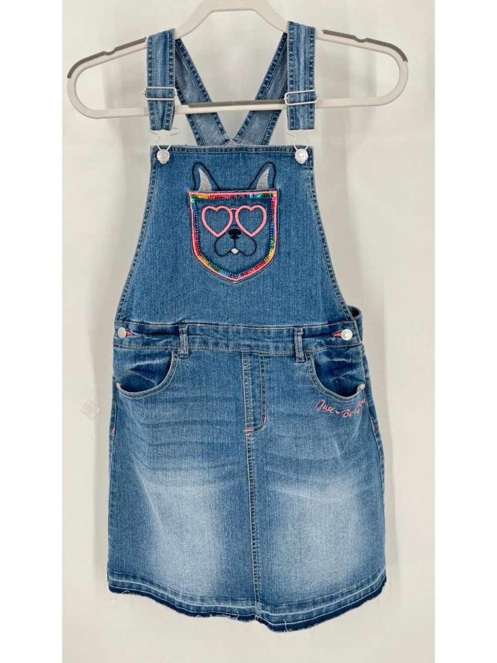 Jordache Girls Denim Bib Overall Dress Dog Embroidery Sequin Size XL